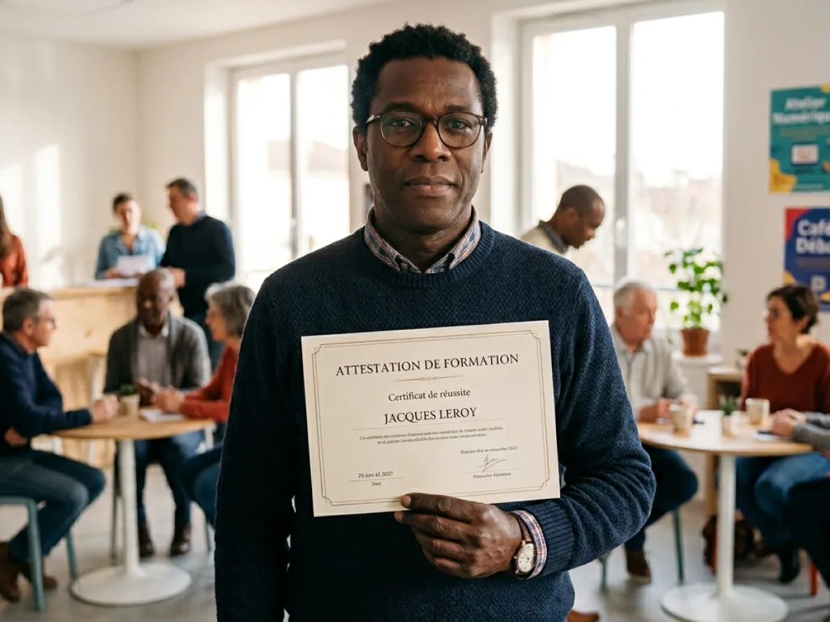 Une apprenante tient son attestation de formation imprimée, souriante.