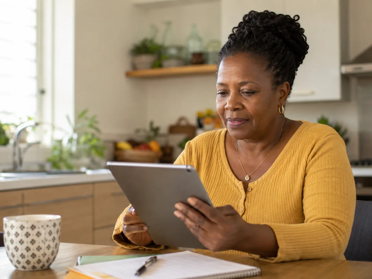Une femme d'une soixantaine d'années parcourt le catalogue de formations sur une tablette, assise à sa table de cuisine.